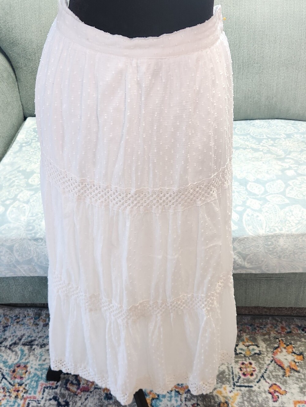 Studio West White Tiered Maxi Skirt with Eyelet Trim Large Cotton!